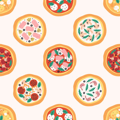 Seamless pattern with cute tasty hand drawn Italian pizza. Doodle pizza print for banner, wallpaper, textile, wrapping paper, background, cards. Vector illustration in flat style