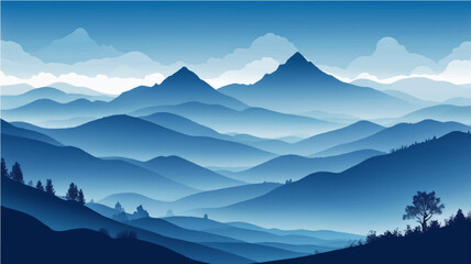 Morning mountain landscape with foggy peaks and clear sky