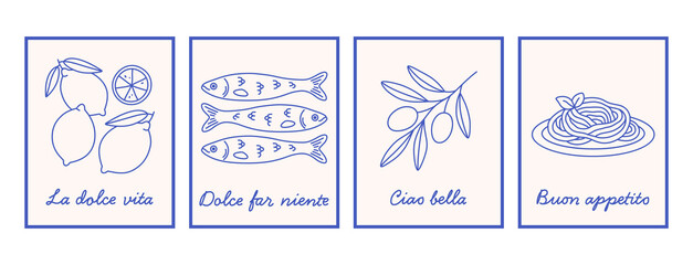 Hand drawn mediterranean doodles placard or poster set. Dolce vita aesthetics. Italian summer vacation. Wall art prints decor. Vector illustration in trendy flat style