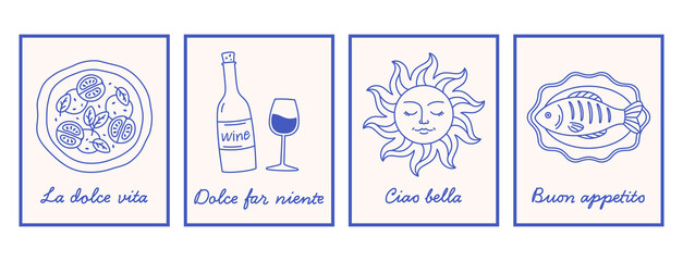Hand drawn mediterranean doodles placard or poster set. Dolce vita aesthetics. Italian summer vacation. Wall art prints decor. Vector illustration in trendy flat style