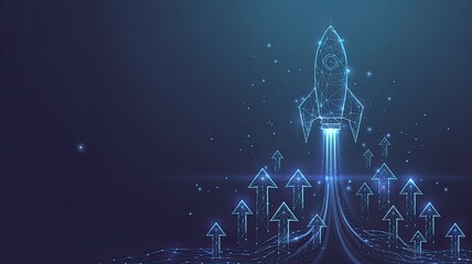 Futuristic glowing blue rocket launching upwards from a digital platform with many upward pointing arrows against a dark starry background