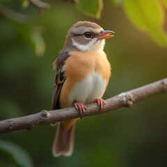 Fototapeta premium Small Orange and White Bird Perched on Branch with Green Leaves