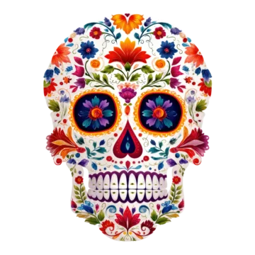 Bright sugar skull with ornamental details isolated on transparent background