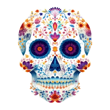 Traditional Mexican sugar skull with vibrant colors isolated on transparent background