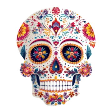 Colorful decorated sugar skull with floral patterns isolated on transparent background