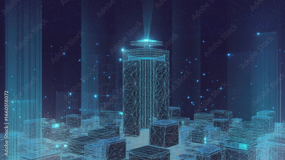 Poster futuristic glowing skyscraper in a neon city with digital light beams and particles creating an ethe