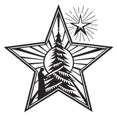 Monochromatic Starburst Illustration: Person Decorating Christmas Tree, Festive, Vintage Style