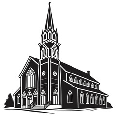 Black and White Church Illustration: Steeple, Gothic Revival Style, Serene Religious Architecture