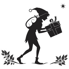 Christmas Elf Silhouette: Carrying Large Gift, Festive, Monochrome Illustration