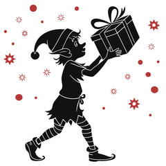 Joyful Christmas Elf Silhouette:  Carrying Gift, Festive Red Accents, Whimsical Design