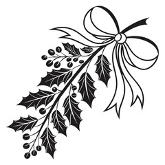 Elegant Black and White Holly Sprig with Ribbon Bow: Festive Christmas Design Element