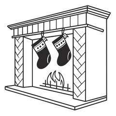 Cozy Christmas Fireplace with Stockings: Simple Line Art Illustration