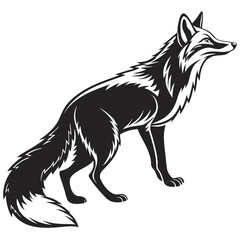 Majestic Black and White Fox Illustration:  Alert, Side Profile, Vintage Style Graphic