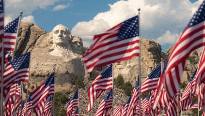 Mount rushmore with american flags waving in the foreground under a bright blue cloudy sky day