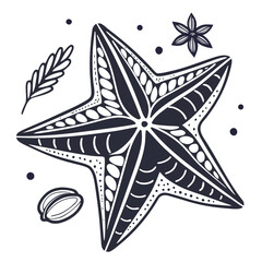 Ornate Starfish with Botanical Elements: Monochrome Line Art Illustration