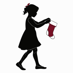 Silhouette of a little girl carrying a Christmas stocking; festive, minimalist, winter holiday design.