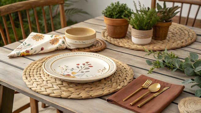 Rustic outdoor dining table setting with woven placemats and potted plants