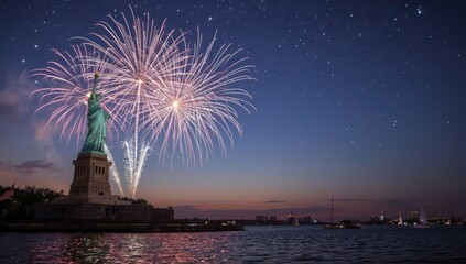 Statue of liberty illuminated by fireworks against a twilight sky over water with boats present