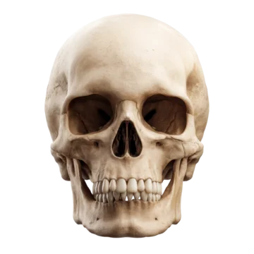 Anatomical human skull front view isolated object on transparent background