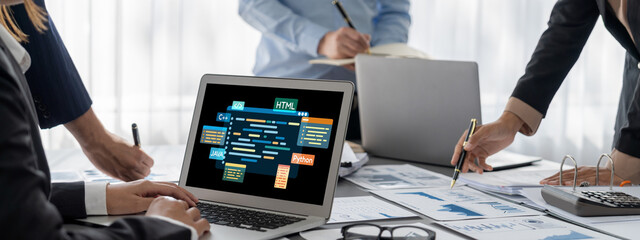 Software development or programming work with coding screen of various programming languages like HTML, , , and C brisk for new application development
