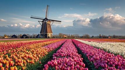 A Colorful Field Of Flowers With A Traditional Structure Under A Sunny Sky