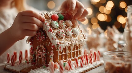 A Child's Hands Decorate A Gingerbread House With Colorful Candies And Sprinkles Against A Festive Holiday Lights Background. This Detailed Image