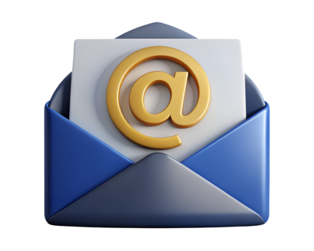 3d illustration of blue and gray envelope with a golden at symbol on a white card, representing email communication and digital contact, isolated on transparent background