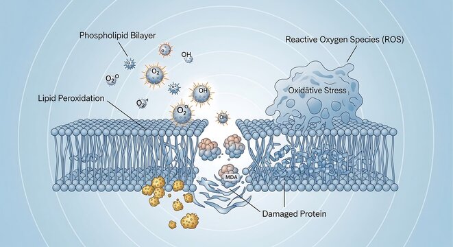 Scientific diagram illustrating oxidative stress where reactive oxygen species cause lipid peroxidation and protein damage to a cell membrane.