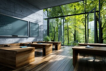 Modern classroom blending nature and learning in a serene forest setting during a bright afternoon