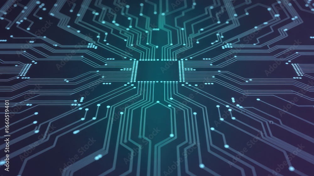 Poster intricate glowing blue and green circuit board pathways converge on a central microchip symbolizing 