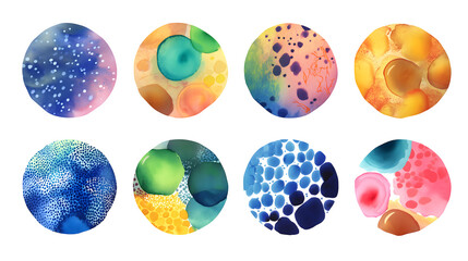 Watercolor circles present abstract, colorful textures. Useful for web design, branding, and social...