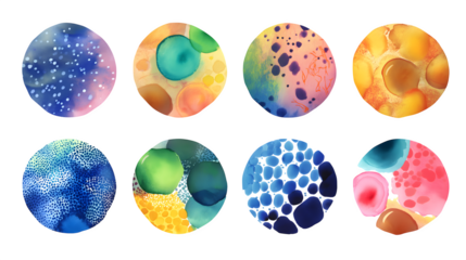 Watercolor circles present abstract, colorful textures. Useful for web design, branding, and social media.