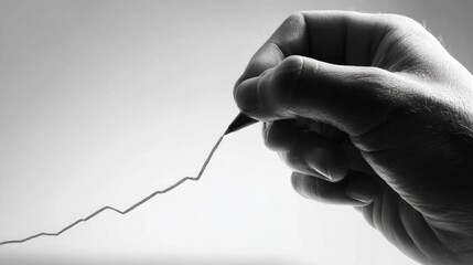 A Close Up View Of A Hand Holding A Writing Tool, Creating A Dashed Line Drawing On A White Surface. The Monochrome Image Highlights The Precision