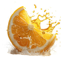 A citrus slice with juice splashing around the fruit piece on transparent background