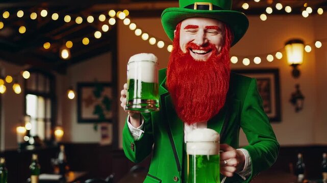 St. Patrick's Day leprechaun man with red beard and green costume holding glass of green beer