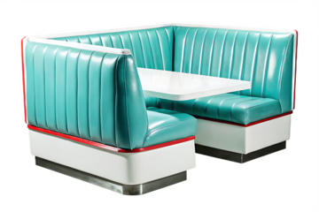 Teal and White Retro Diner Booth with Red Trim Isolated Keywords: diner, booth, retro, vintage isolated on a transparent background