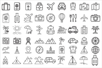 Travel Icons vector:  Minimalist Line Art,  Adventure and Exploration Theme,  Vector Illustration Set.