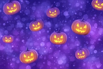 Halloween-themed illustration featuring glowing jack-o'-lanterns floating against a vibrant purple background with bokeh effects, creating a festive and spooky atmosphere for seasonal celebrations