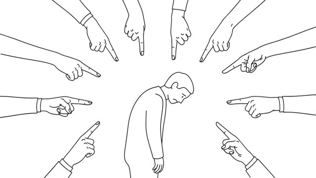 A lone figure is surrounded by multiple pointing fingers, creating a visual representation of accusation, blame, and social pressure.