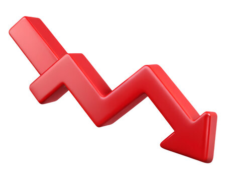 3d illustration of red 3d downward trending arrow symbolizing financial decline and market recession, isolated on transparent background