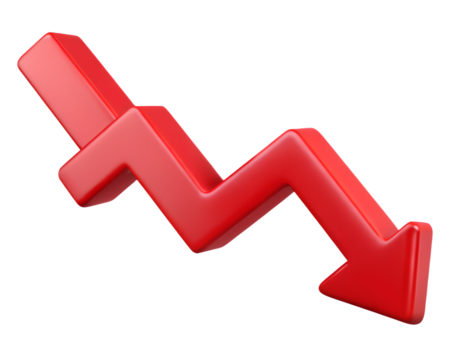 3d illustration of red 3d downward trending arrow symbolizing financial decline and market recession, isolated on transparent background