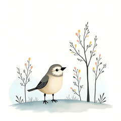 Fototapeta premium Bird Standing on Ground with Trees and Branches in Spring