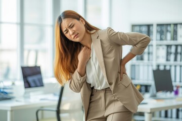 Fototapeta premium Woman in beige suit experiencing back pain and chest discomfort in an office setting at daytime