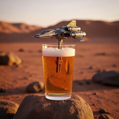 Futuristic beer glass with spaceship perched on rocky desert landscape at sunset.
