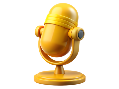 3d illustration of a shiny yellow vintage microphone on a stand, isolated on transparent background, representing audio, music, broadcasting, and podcasting in a retro style
