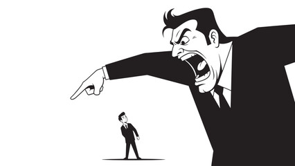 A large, angry businessman aggressively pointing and shouting at a much smaller, intimidated man in a suit, symbolizing power imbalance and workplace intimidation.