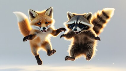Fox and Raccoon Animation – Mid-Air Playful Pose with Expressive Faces
