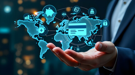 Business professional holding a glowing digital globe with data and icons for global business and technology
