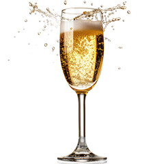 A glass filled with bubbly liquid and splashing droplets on transparent background