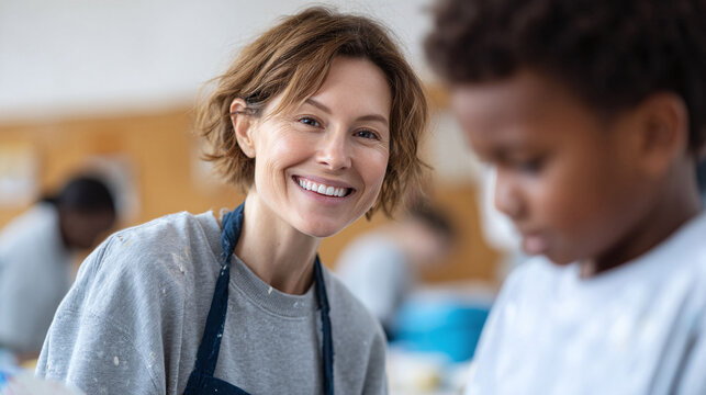 Warm image of a smiling teachermentor guiding a child in an art class. Represents education, learning, diversity, and positive interaction. Ideal for educational materials.